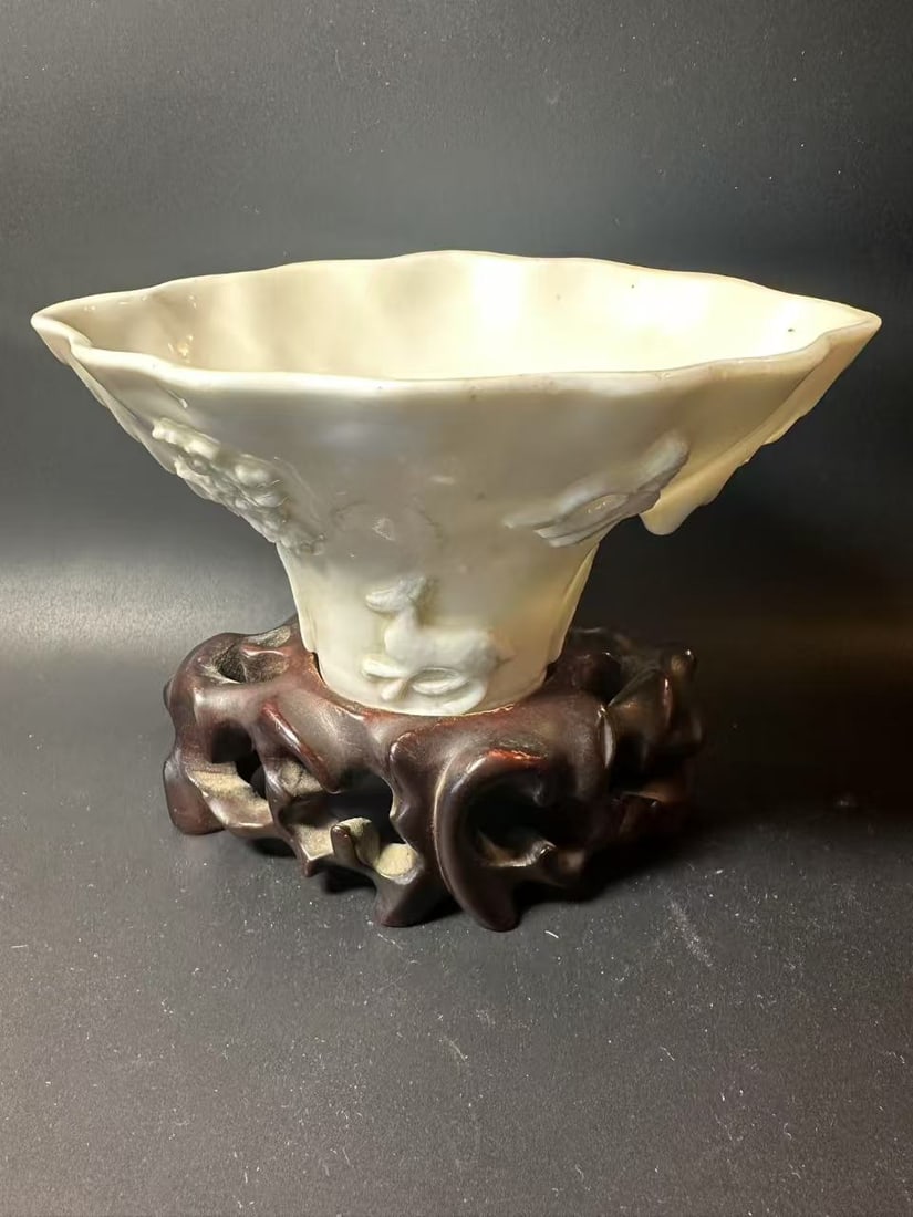 Chinese Blanc de Chine porcelain libation cup on wood stand. (1 of 9)
