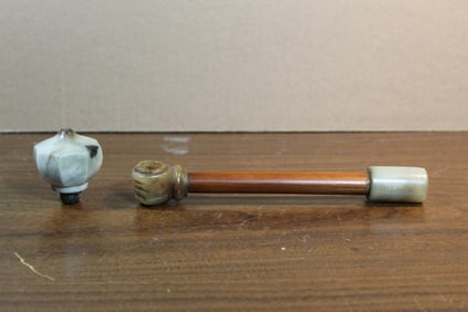 Chinese Jade and Bamboo Smoking Pipe and Jade Pipe Cup