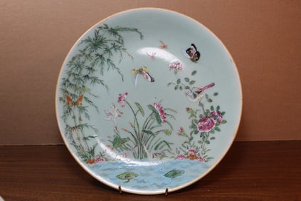 Chinese Celadon Glaze Famille Rose Porcelain Plate