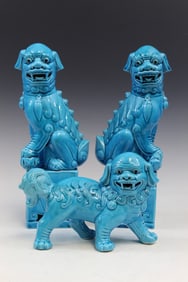 Three Chinese Turquoise Glazed Porcelain Foo Dog Statues