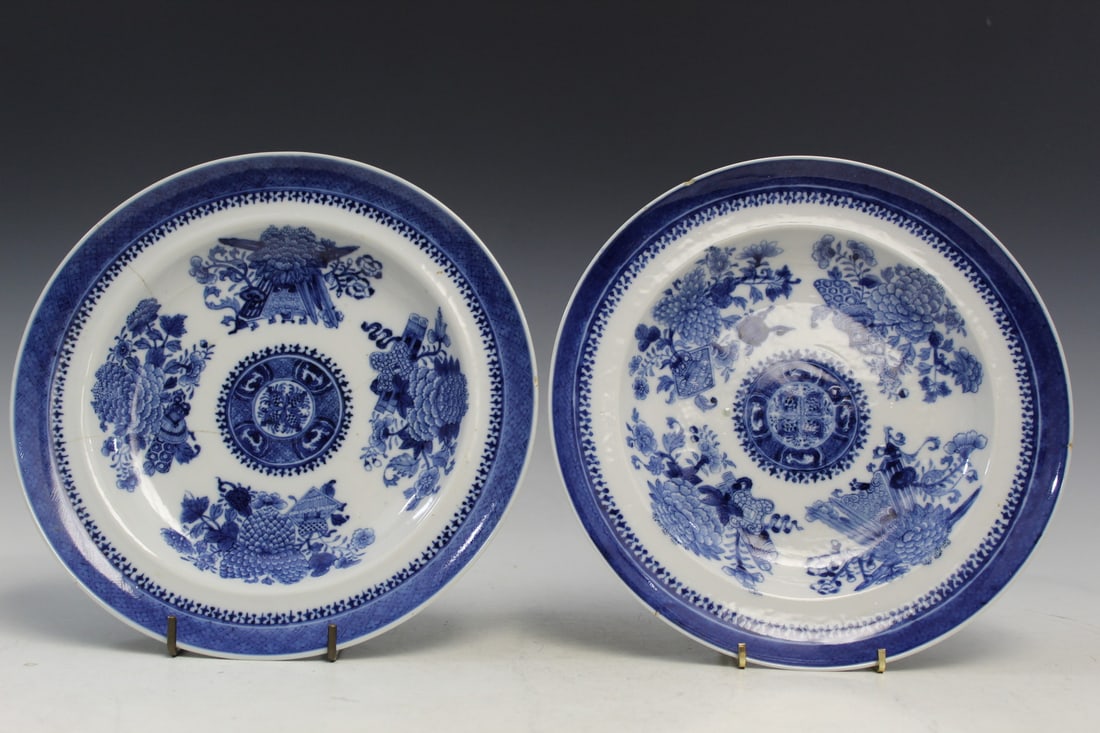 Pair of Chinese Export Fitzhugh Blue and White Porcelain Dishes: Pair of Chinese Export Fitzhugh Blue and White Porcelain Dishes. Diam 24.5 cm. As Is.
