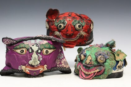 Three Chinese Silk Embroidery Children's Hats.