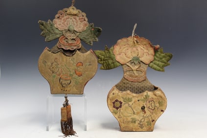 Two Chinese Wall Pockets with Needlework Decorations