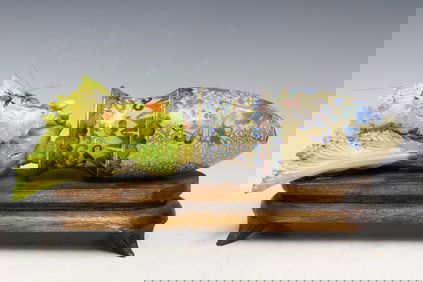 Chinese Cloisonne Gourd Vase with a Cabbage Carving on Wood Stand