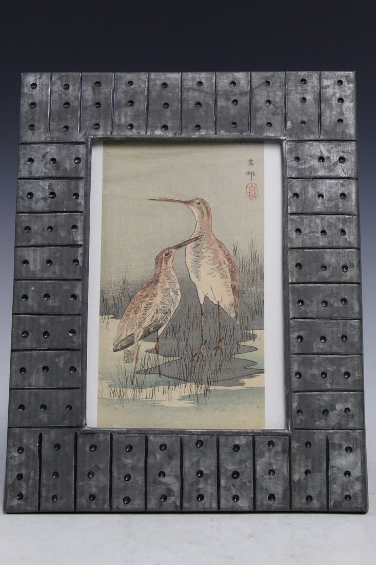 Japanese Woodblock Print, After Ohara Koson.: Japanese Woodblock Print, After Ohara Koson.. Print size 19x9.5 cm, Frame 25x20 cm.