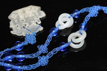 Chinese Jade Double Rings Glass Beads Necklace