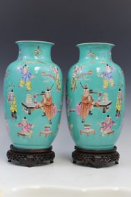 Pair of Chinese Turquoise Glaze Famille Rose Porcelain Vases on Wood Stands
