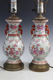 Pair of Chinese Famille Rose Porcelain Vase Lamps.