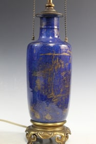 Chinese Powder Blue Glazed Gilt Decorated Porcelain Vase Lamp