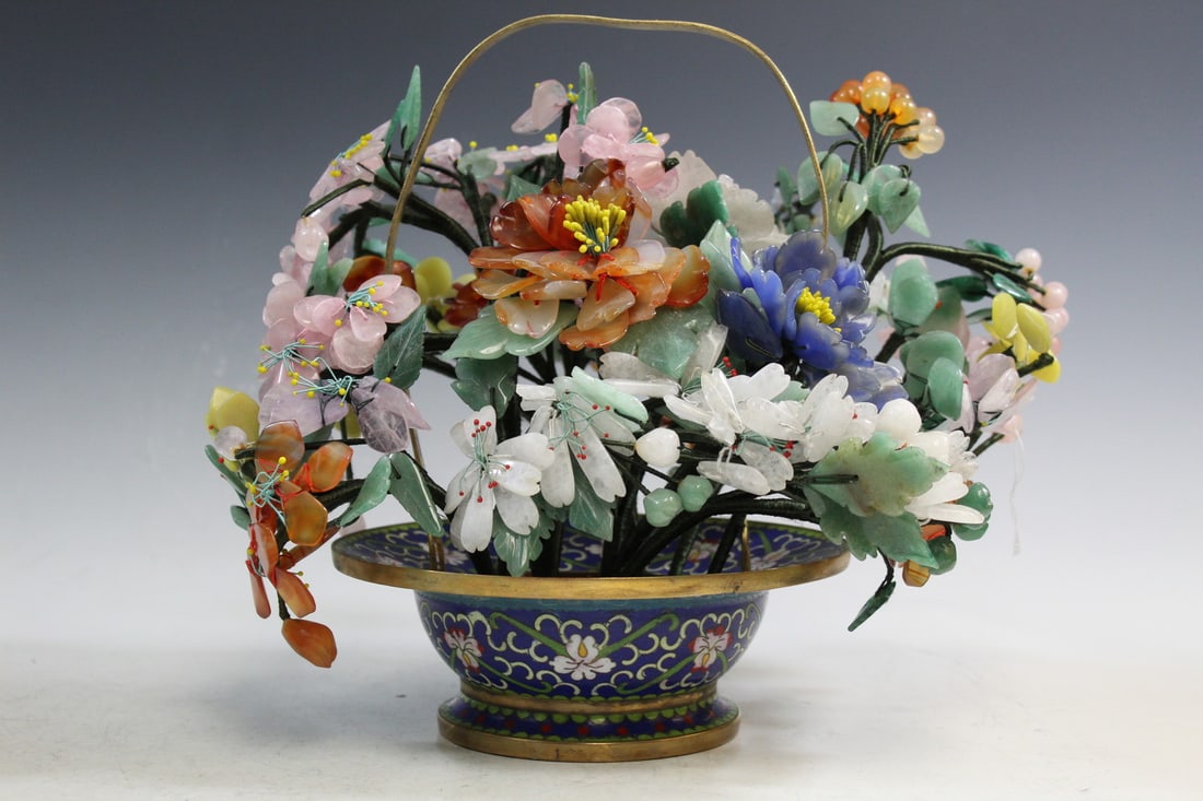 Chinese Semi-precious Stone Cloisonne Flower Basket: Chinese Semi-precious Stone Cloisonne Flower Basket. H 26 cm. W 30 cm.