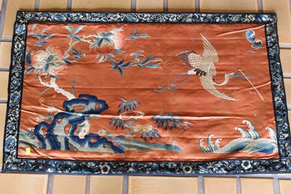 Chinese Imperial Silk Embroidery Panel with Crane and Peaches Decorations