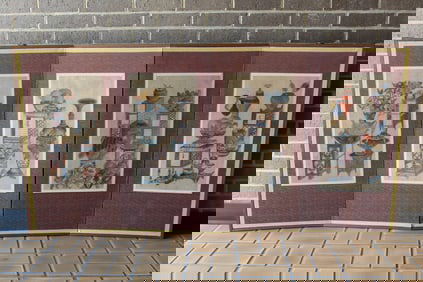 Korean Watercolor Painting on Paper Four-Panel Screen