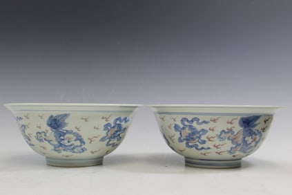 Pair of Chinese Blue and White Underglaze Red Porcelain Bowls with Foo Dogs Decorations