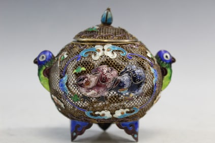 Chinese Enamel Silver Filigree Incense Holder