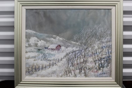 Cabin in the Winter, Isabelle L. Miller (American) Oil on Canvas.