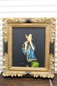 Chinese Female Flute Player. Signed Kuchini. Oil on Canvas.