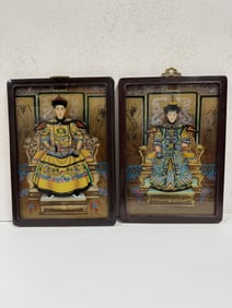 Pair of Emperor and Empress reverse glass paintings