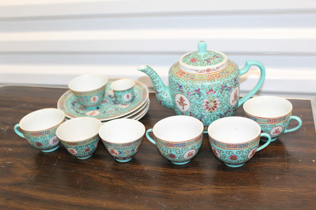 Chinese Turquoise Glazed Famille Rose Porcelain Tea Set (1 of 7)