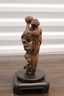 Japanese Carved Wood Monk Statue: Japanese Carved Wood Monk Statue. H 19.5 cm. With stand 25 cm.