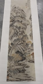 Chinese Ink and Watercolor Painting Scroll on Paper of Mountain Scene.