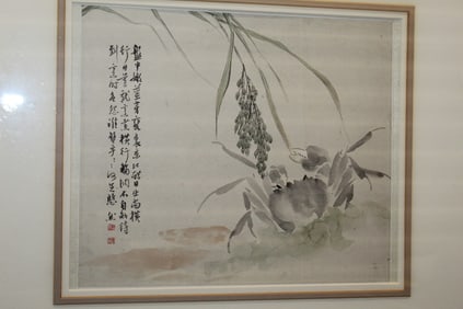 Chinese Ink and Watercolor Painting on Paper of a Crab