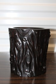 Chinese Carved Zitan Wood Brush Pot