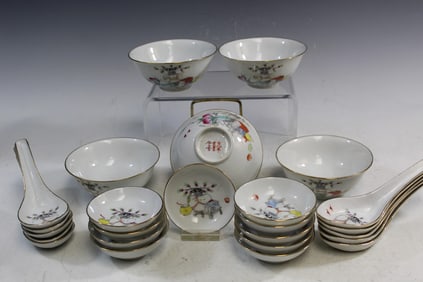 Group of Chinese Famille Rose Porcelain Bowls, Saucers and Spoons
