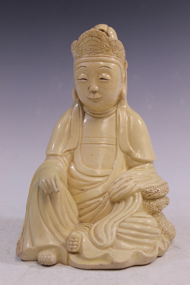 Chinese Cream Glazed Pottery Figure of Guanyin: Chinese Cream Glazed Pottery Figure of Guanyin. H 18 cm. As Is.