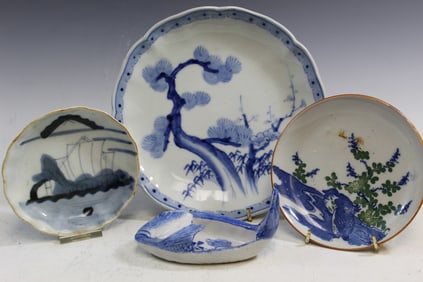 Four Japanese Blue and White Porcelain Dishes