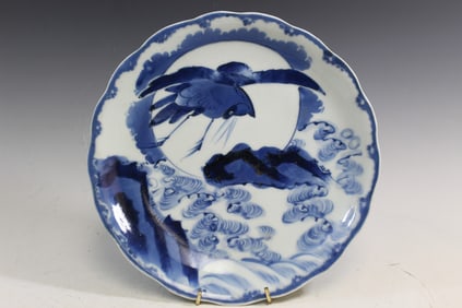 Japanese Blue and White Porcelain Dish with Crane Decorations.