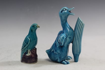 Two Chinese Turquoise Glaze Porcelain Bird Figurines
