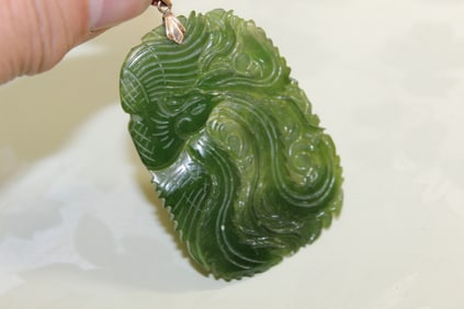 Chinese Carved Spinach Jade Pendant with 14 K Bail