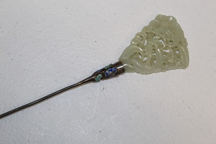 Chinese Silver and Carved Jade Hair Pin.