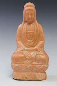 Chinese Carved Pink Stone Guanyin Statue