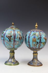 Two Chinese Cloisonne Covered Stem Bowls