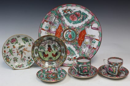 Group of Chinese Rose Medallion Dishes and Cups