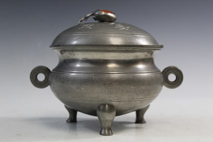 Chinese Pewter Incense Burner with Cover