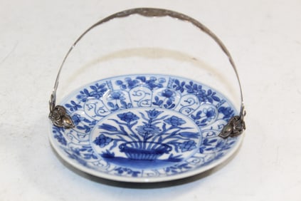 Chinese Blue and White Porcelain Dish with Silver Handle