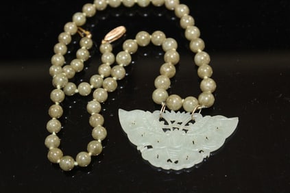 Chinese Spinach Jade Beads Necklace and Carved Butterfly Jade Pendant 14k Gold Clasp.