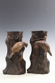 A Pair of Chinese Yixing Pottery Wall Pockets, Jiangrong Mark.