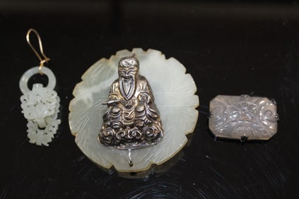 Three Chinese Jade Agate and Silver Pendants