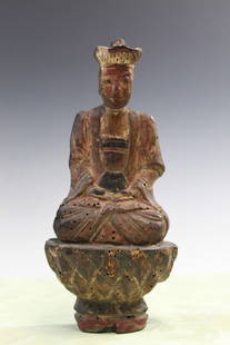 Chinese Carved Wood Polychrome Buddha Statue: Chinese Carved Wood Polychrome Buddha Statue. H 18 cm.