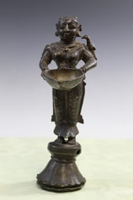 Antique Indian Bronze Pavai Villaku Oil Lamp