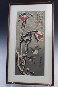 Hiroshige (1797-1858) Japanese Woodblock Reprint, Sparrows, Flowering Camellia and Snow.