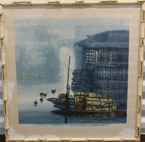 Showering River Village, Chinese Woodblock Print by Xu Weimin.