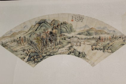 Chinese Watercolor and Ink Fan Painting on Paper