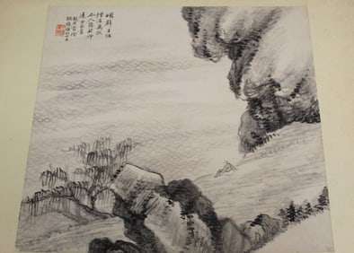 Chinese Ink on Paper Painting of River Bank
