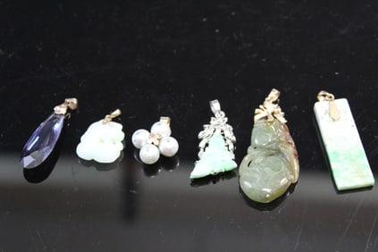 Six Jadeite, jade and Pearl Pendants.