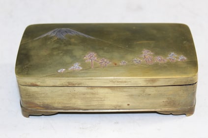 Japanese Metal Box with Silver Fuji Mountain Decoration.