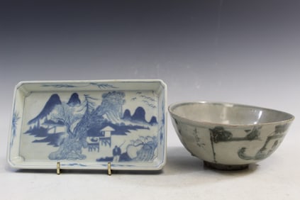 Chinese Blue and White Dish and Bowl